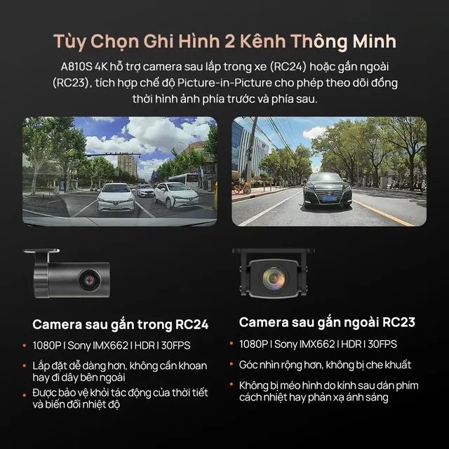 Ảnh gian hàng: hai lựa chọn camera sau RC24 đặt trong xe và RC23 đặt ngoài xe của 70mai A810S