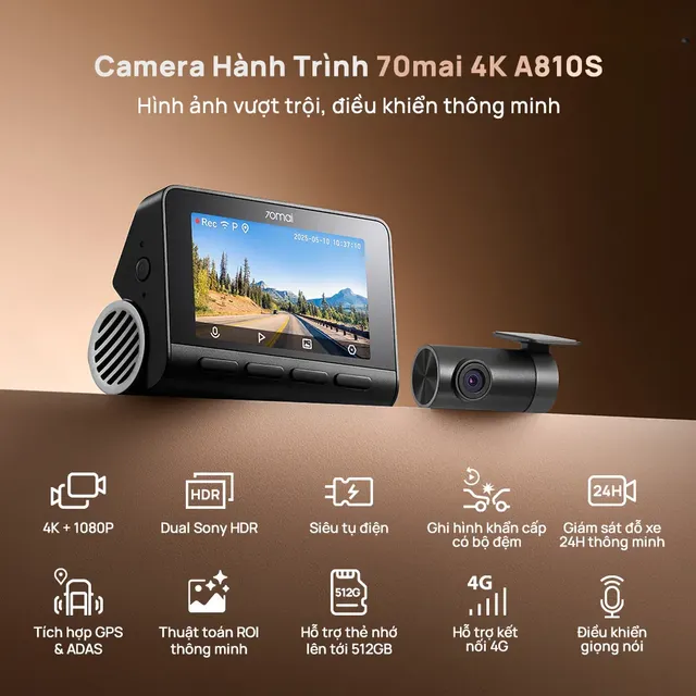 Camera hành trình 70mai A810S 4K với camera sau, bán trên Lazada
