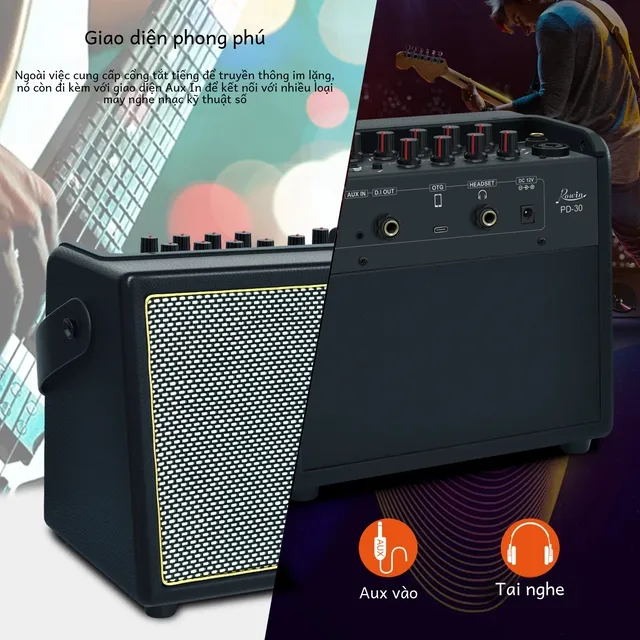 Mặt trên amply Rowin PD-30 với các núm chỉnh và cổng guitar, mic, aux, tai nghe trong ảnh của người bán