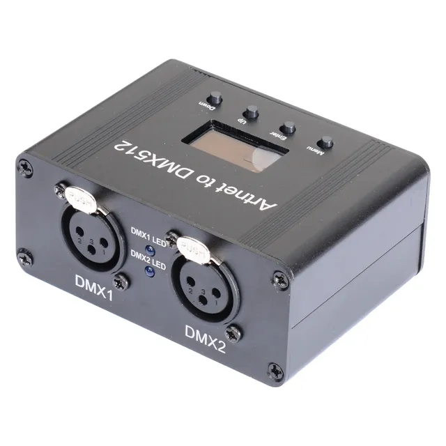 Bộ điều khiển Artnet sang DMX512 2 cổng vỏ kim loại đen với hai cổng XLR DMX1 và DMX2