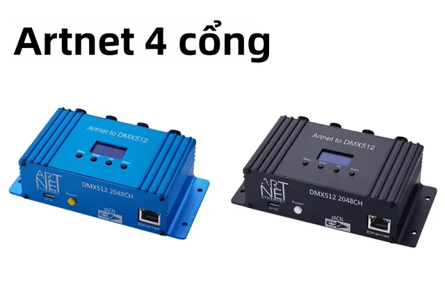 Hai phiên bản bộ điều khiển Artnet 4 cổng và Mini 4 cổng màu xanh và đen trong ảnh của người bán