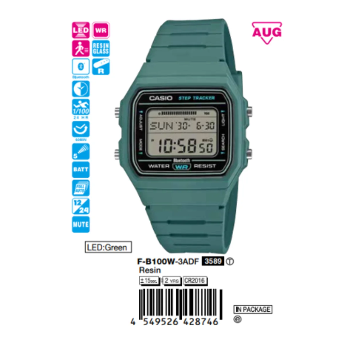 Casio F-B100W-3ADF màu xanh rêu, một trong 3 phối màu ra mắt