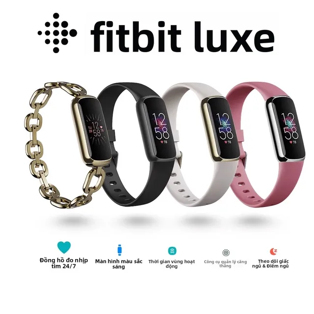 Ảnh gian hàng: các màu Fitbit Luxe, gồm bản Special Edition dây xích vàng
