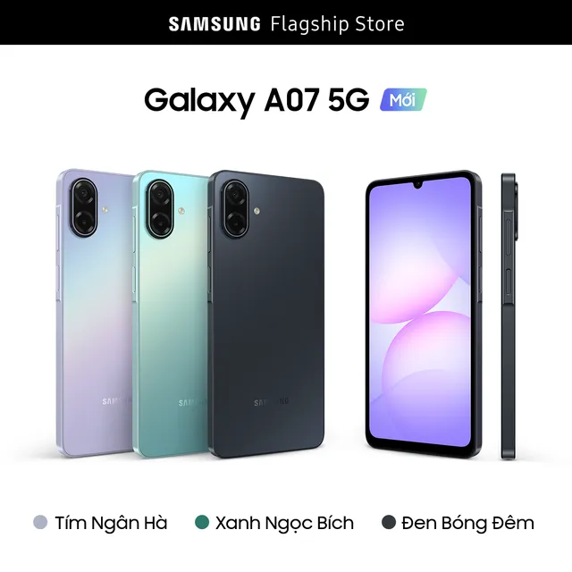 Samsung Galaxy A07 5G ba màu xanh, tím, đen trên Lazada