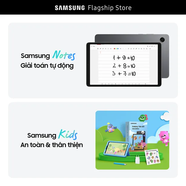 Ảnh gian hàng: giải toán tự động trong Samsung Notes và chế độ Samsung Kids trên Galaxy Tab A11