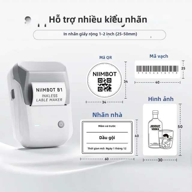 Ảnh của người bán minh họa nhãn 30 x 40 x 60 mm, mã QR, mã vạch và nhãn hình ảnh in bằng NIIMBOT B1