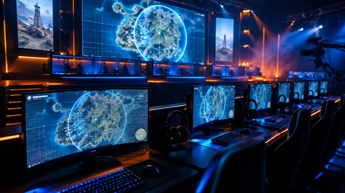 Phòng điều khiển giải đấu esports PUBG với dàn màn hình theo dõi trận đấu battle royale