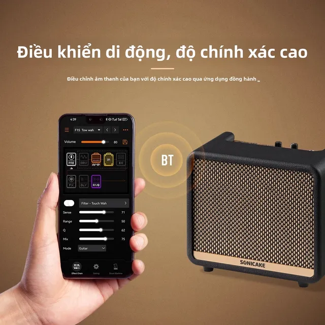 Mặt điều khiển phía trên của Sonicake AMPCUBE với cổng guitar, tai nghe