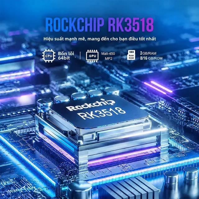 Ảnh quảng cáo của người bán: chip Rockchip RK3518 lõi tứ 64 bit, GPU Mali-450 MP2, bộ nhớ 2GB với 8 hoặc 16GB